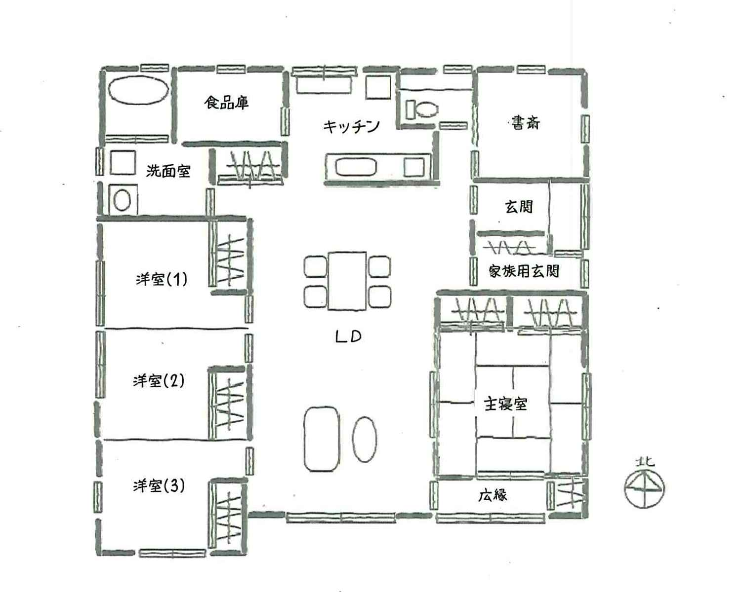 平屋建て　40坪　５LDK　間取り1